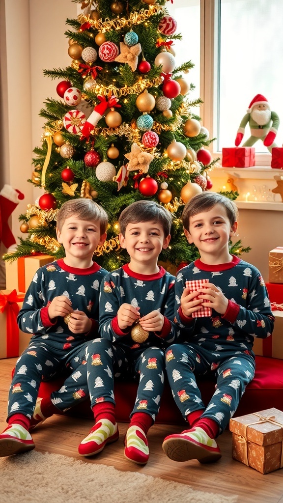 Three boys in matching Christmas pajamas sitting by a decorated tree, smiling and holding ornaments.